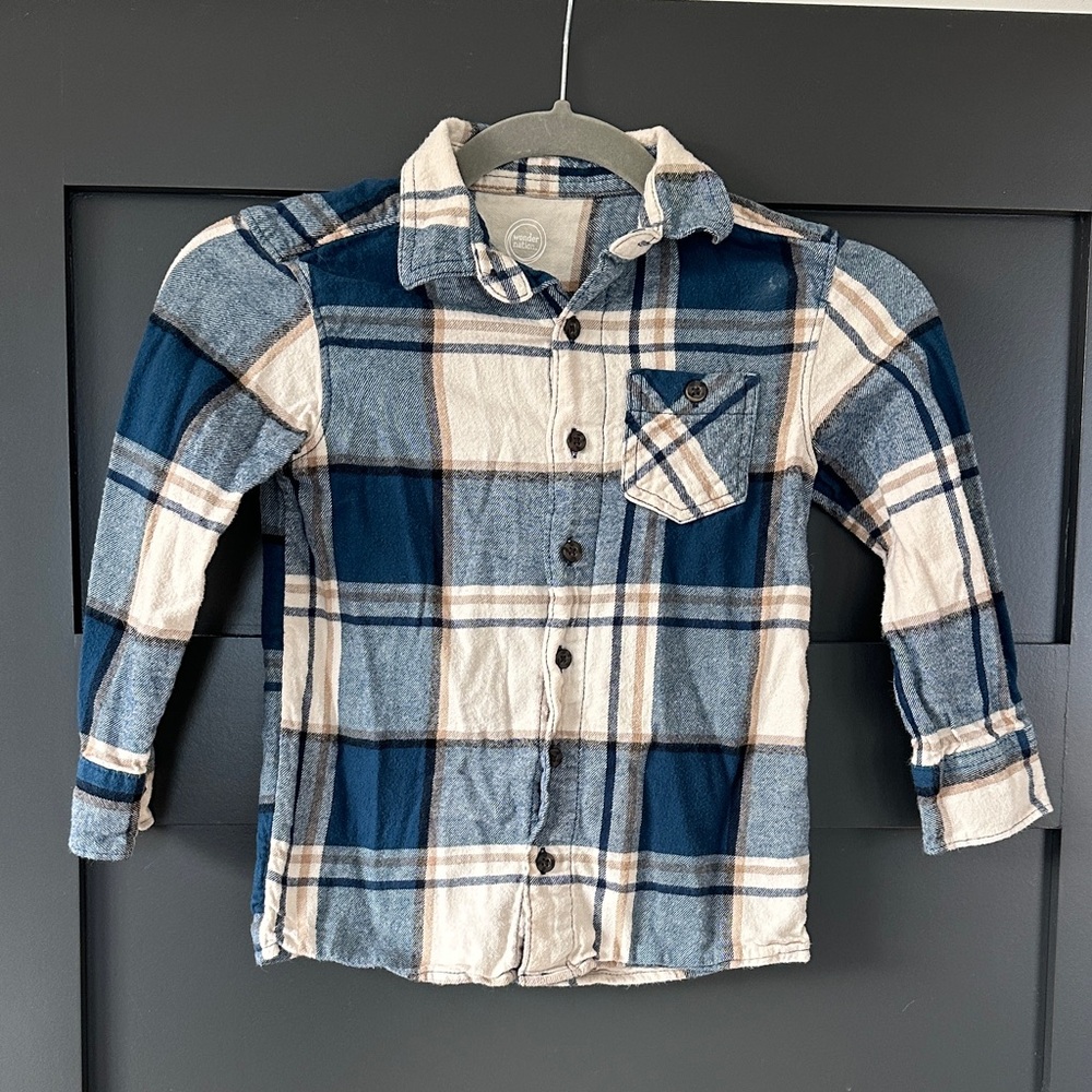 Wonder Nation Navy and Beige Plaid Button Down Shirt